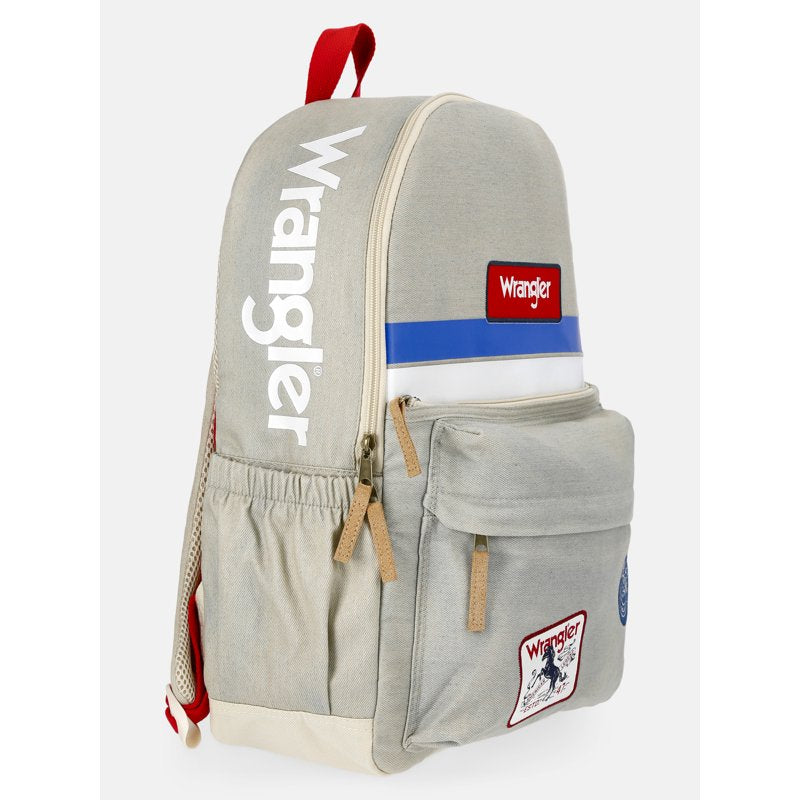 Unisex 17-Inch Denim Backpack with Patches and Color Block Details