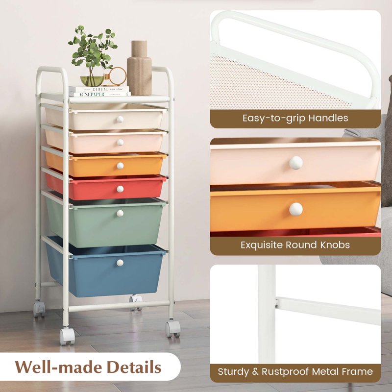6-Drawer Rolling Storage Cart with Mesh Shelf for Office & Craft Supplies - White