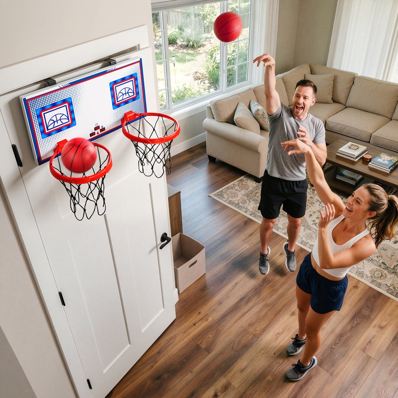 Indoor Over-the-Door Basketball Hoop with Electronic Scoreboard & LED Lights