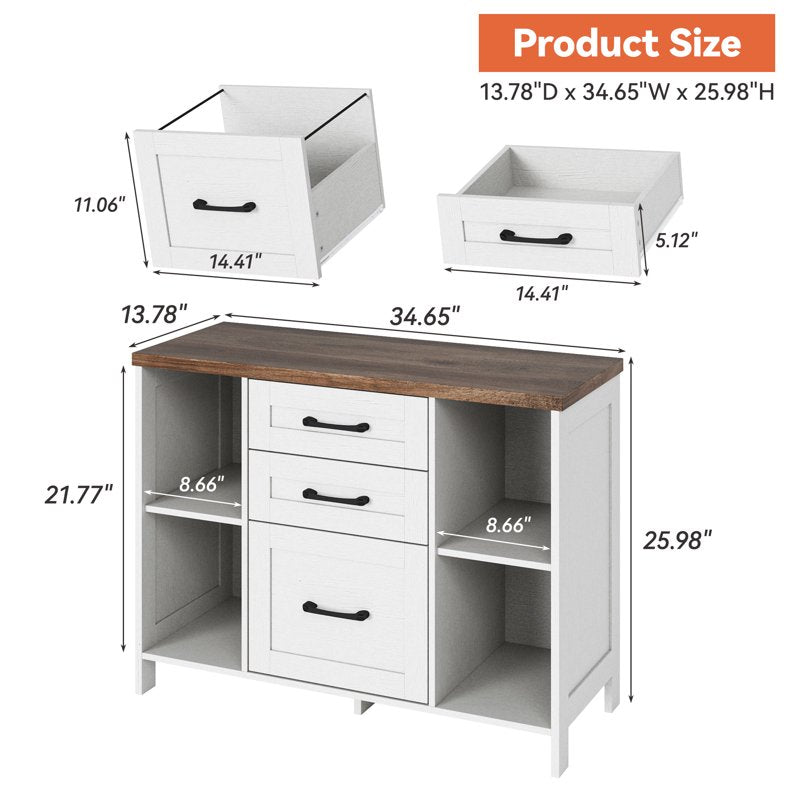 Wood 3-Drawer Lateral File Cabinet with Shelves - White Home Office Storage