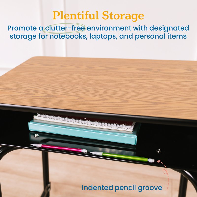 Adjustable Kids Classroom Desk with Metal Storage Book Box - Oak Finish