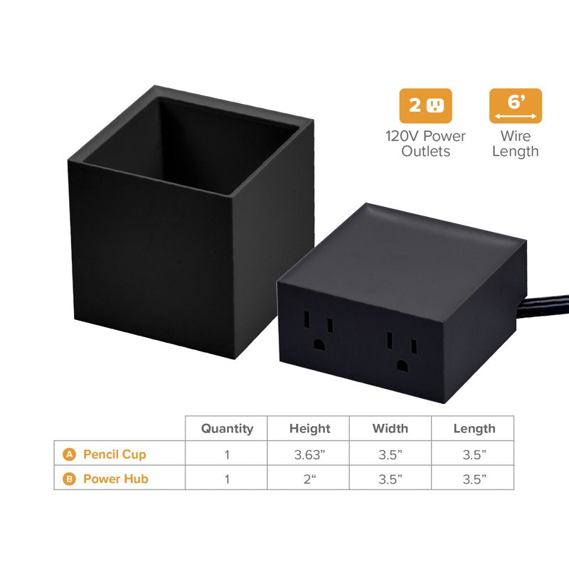 Desktop Power Outlet & Pencil Organizer Kit - 2 Outlets, Storage Tray, Black