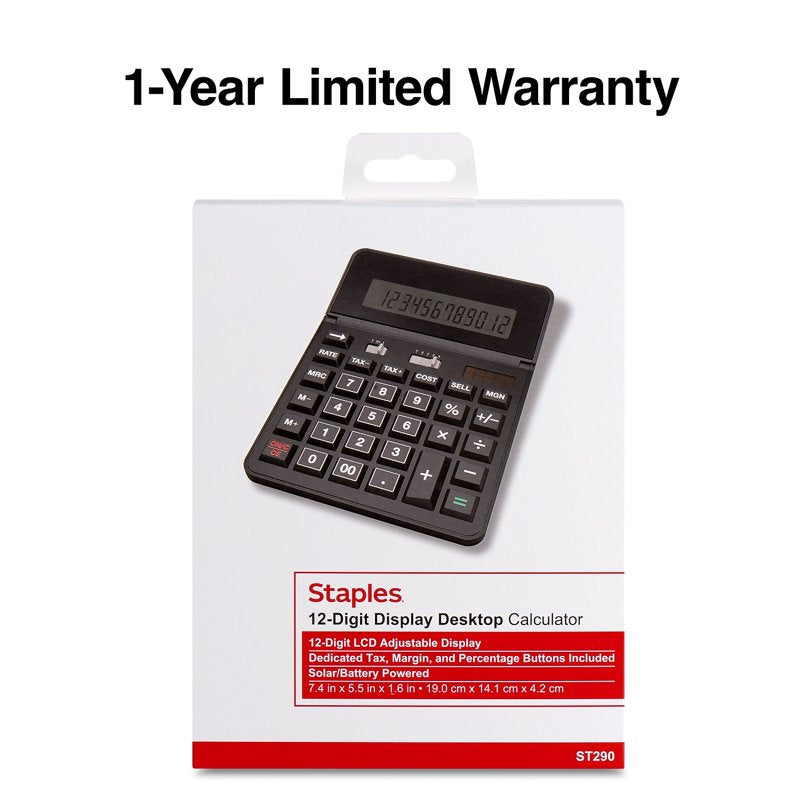 Solar and Battery Powered 12-Digit Desktop Calculator for Financial & Office Use