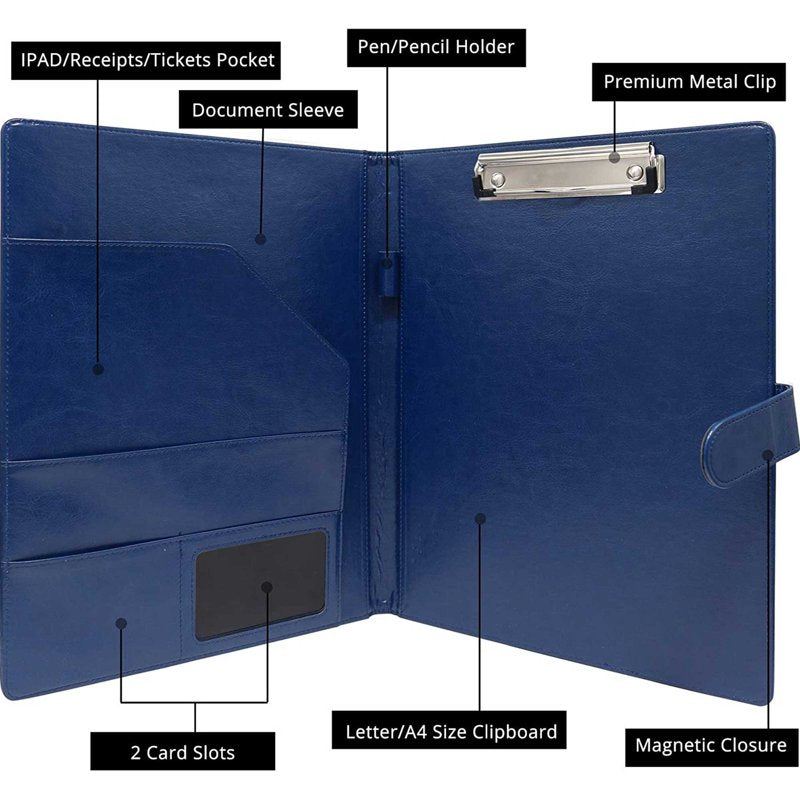 Business Magnetic Closure Padfolio Portfolio File Folder - A4 Size, PU Leather, Blue