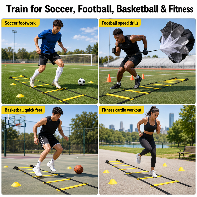 Agility Ladder Speed Training Set - 20 ft Adjustable Ladder, 12 Cones, 4 Stakes, Parachute & Carry Bag