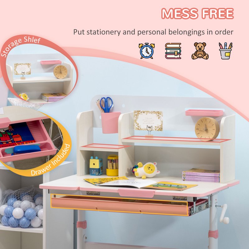 Height Adjustable Kids Desk with Storage & Tilt-Top Surface - Pink