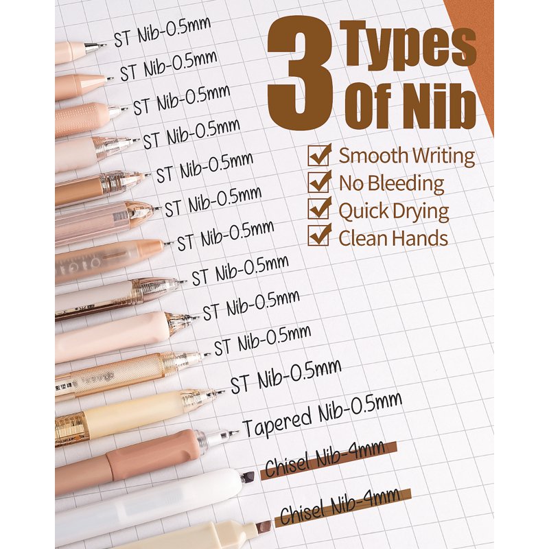 Four Candies Brown Gel Pen Set 14Pack with 12 Black Gel Pens, 2 Highlighters & 0.5mm Fine Point