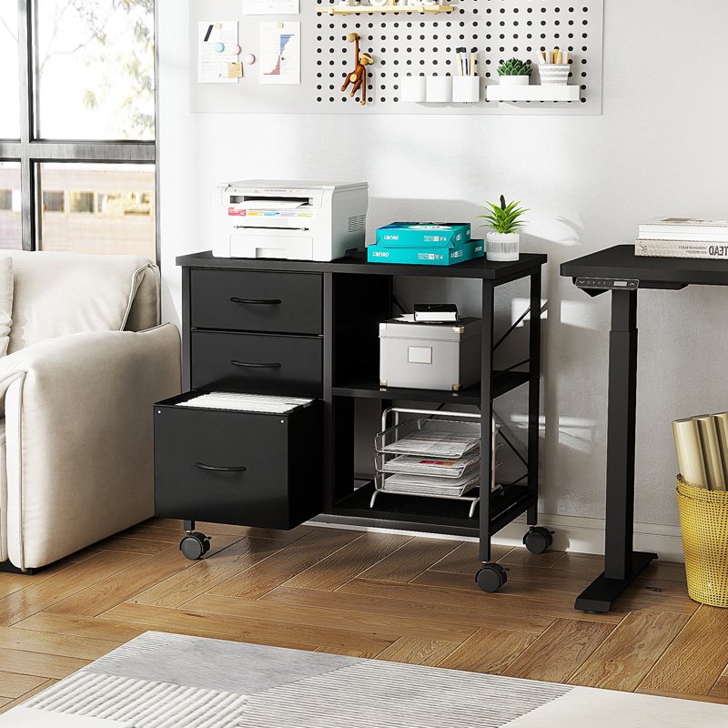 3-Drawer Mobile File Cabinet with Open Shelf for Home Office - Black