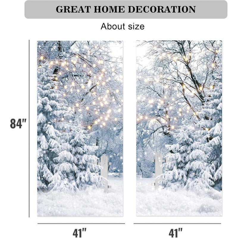 Winter Scene Window Curtain Pair - Blue Wonderland Snowflake Forest for Christmas & Home Decor
