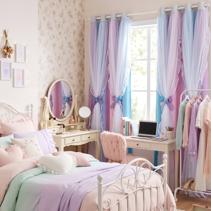 Colorful Rainbow Double Layer Room Darkening Curtains for Kids Bedroom