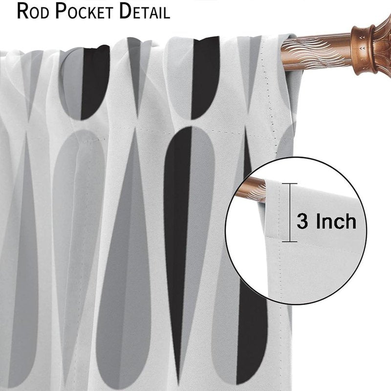 Mid Century Black White Gray Droplet Pattern Curtains - Thermal Insulated Window Drapes, 2 Panels