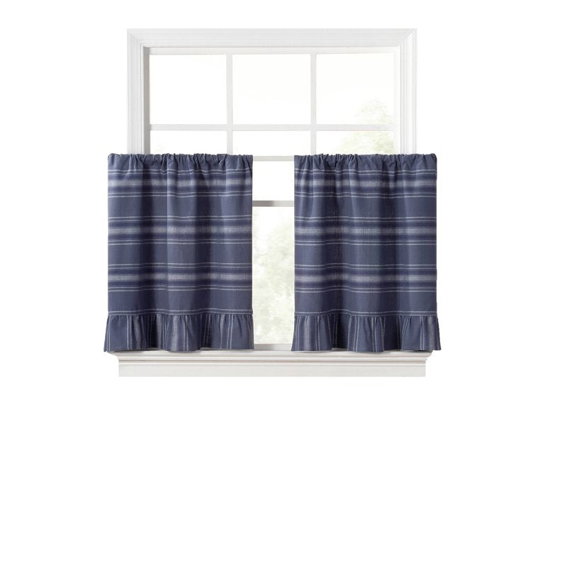 Indoor Light Filtering Tier Set - Ruffle Stripe 36 Inches Poseidon Blue