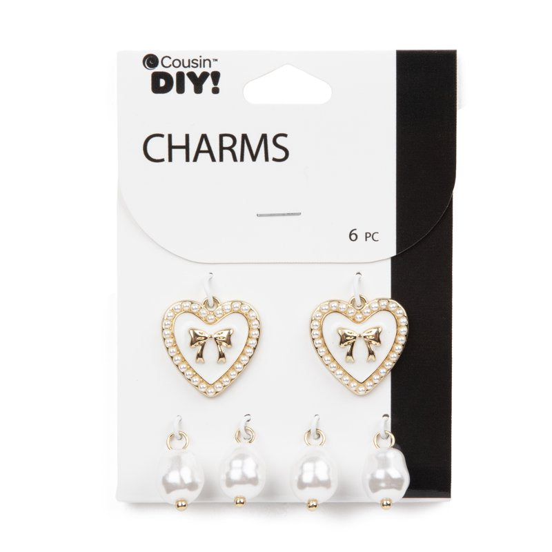 Gold Heart and Pearl Dangle Charms Set for Jewelry Making - Unisex 6 Pieces