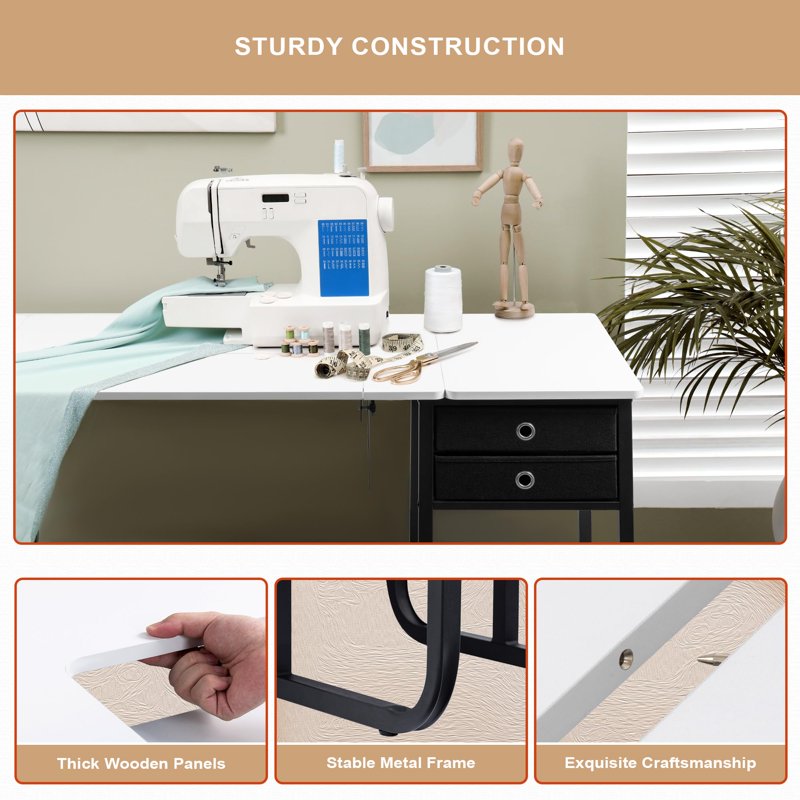 Foldable Sewing Machine Table with Storage Shelf and Adjustable Platform