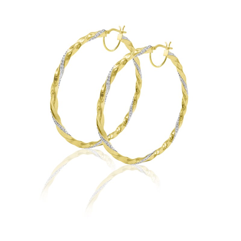 14K Gold Plated Sterling Silver Hoop Earrings with Crystals - Twisted Round Big Hoops for Women