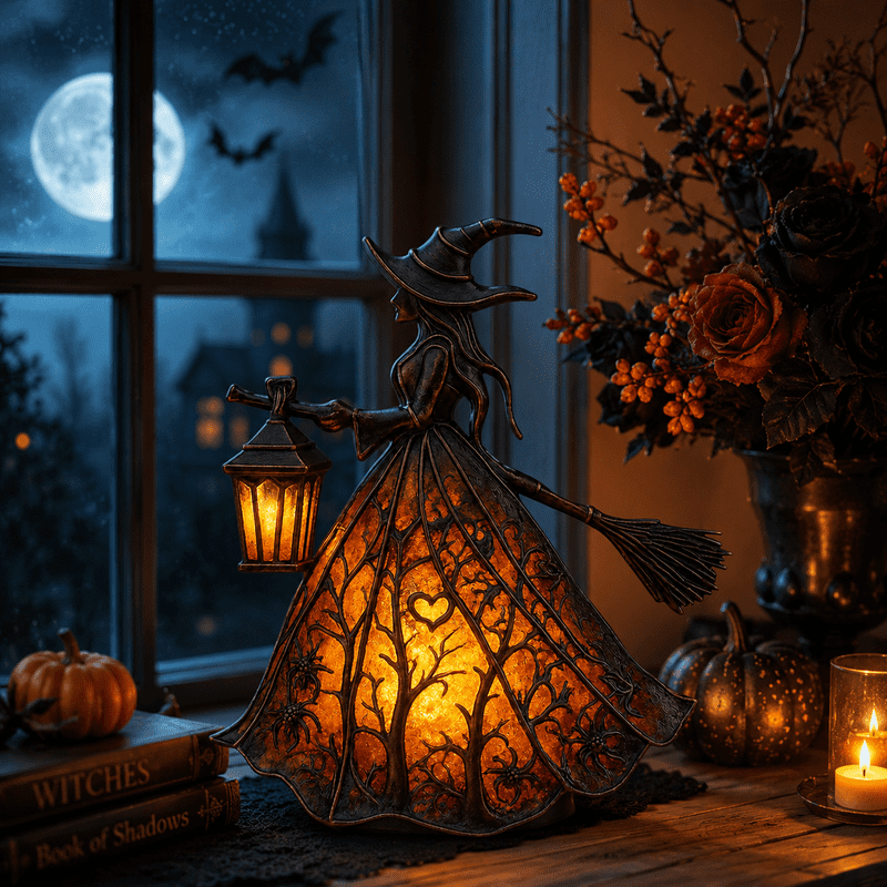 Halloween Witch Resin Night Light - Gothic Witch Decor with Lights, 7 Inch Standing Figurine for Home & Party