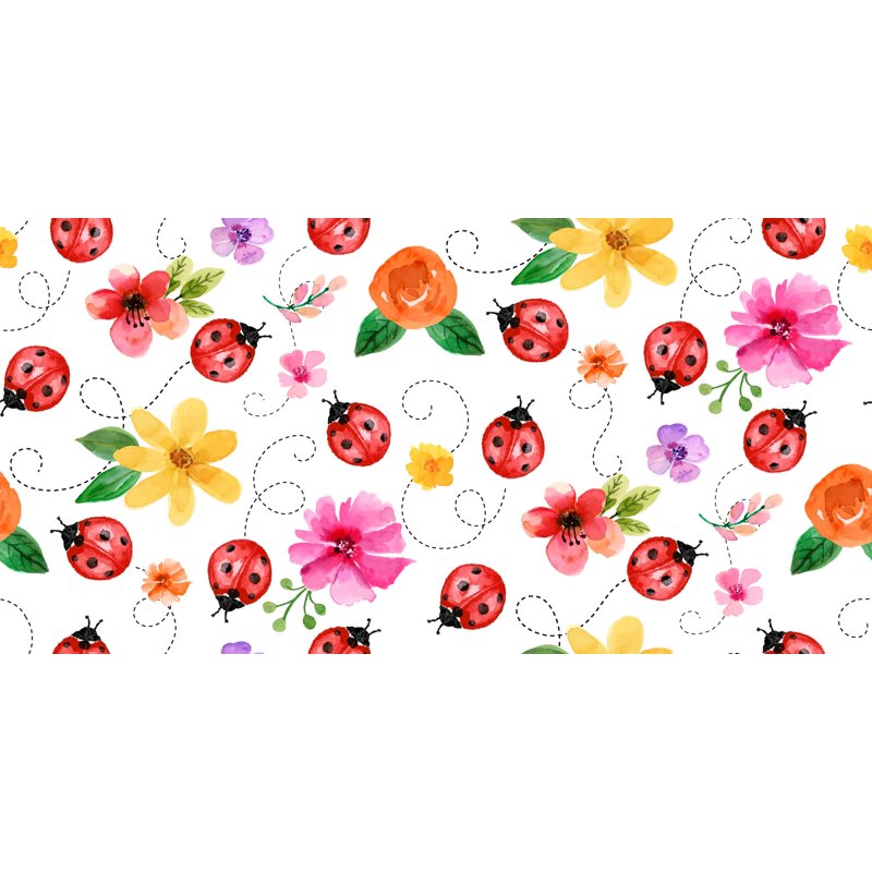 Ladybug Flower Cotton Fabric 1 Yard Precut for Sewing & Crafting White