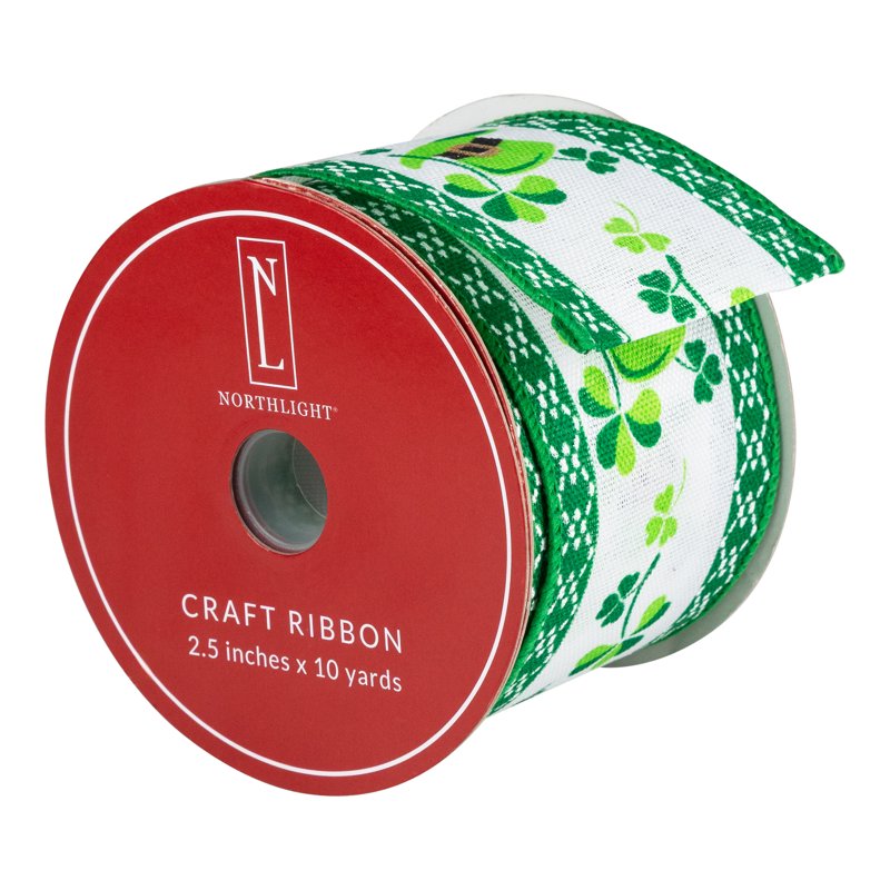 St. Patrick's Day Wired Craft Ribbon - Green Shamrocks & Leprechaun Hats, 2.5" x 10 Yards