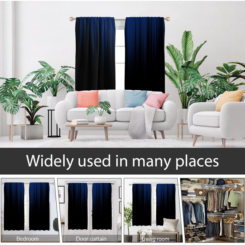 Blue Ombre Window Curtain 42x63 Inches Dark Modern Bedroom Drapes - 1 Pair