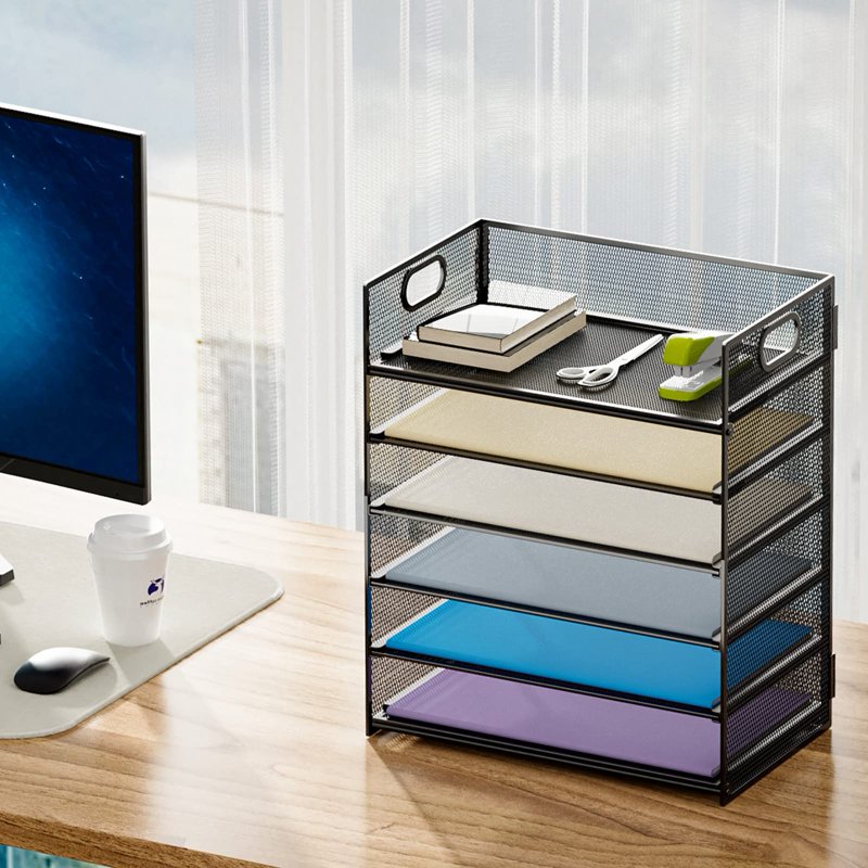 6-Tier Mesh File Organizer with Handle - Letter & A4 Paper Sorter for Desktop