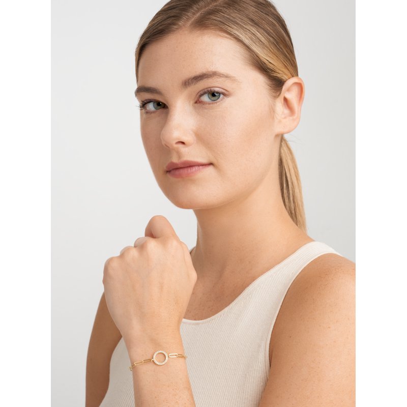 Gold Plated Paperclip Bracelet with Cubic Zirconia Circle for Women - Gift Ready