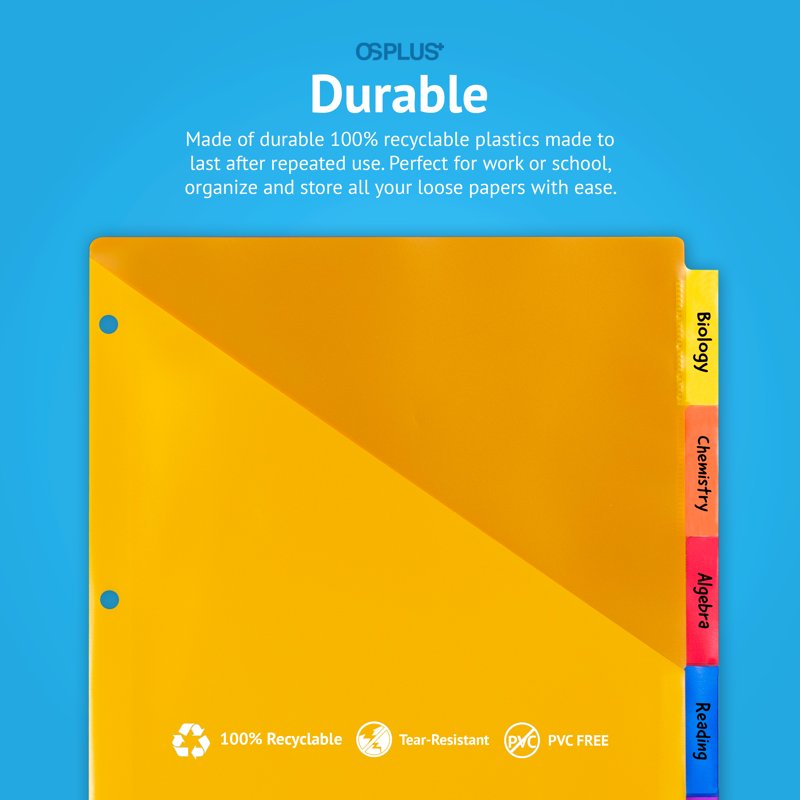 Plastic Binder Dividers with 2 Pockets & Big Insert Tabs - Letter Size, Durable Set