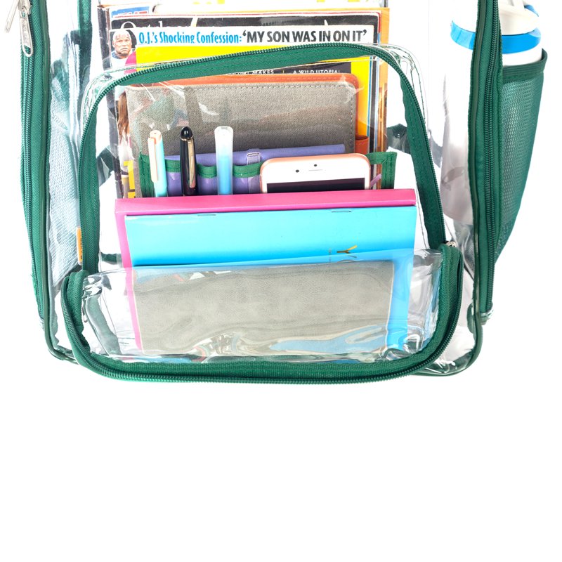 Heavy Duty Clear Backpack with Green Trim for School & Work
