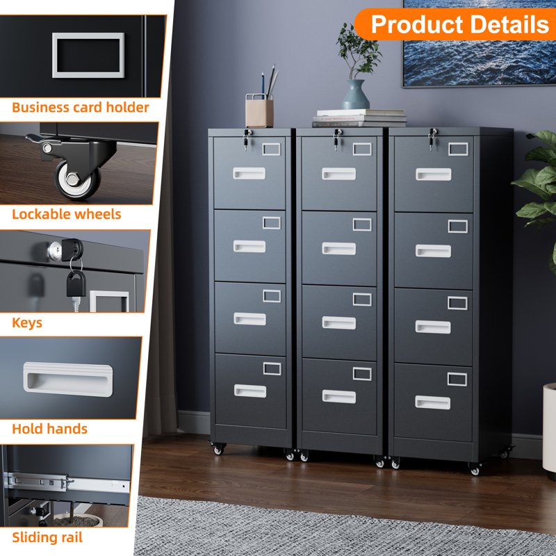 Vertical File Cabinet with 4 Locking Drawers and Wheels - Office & Home Storage Solution