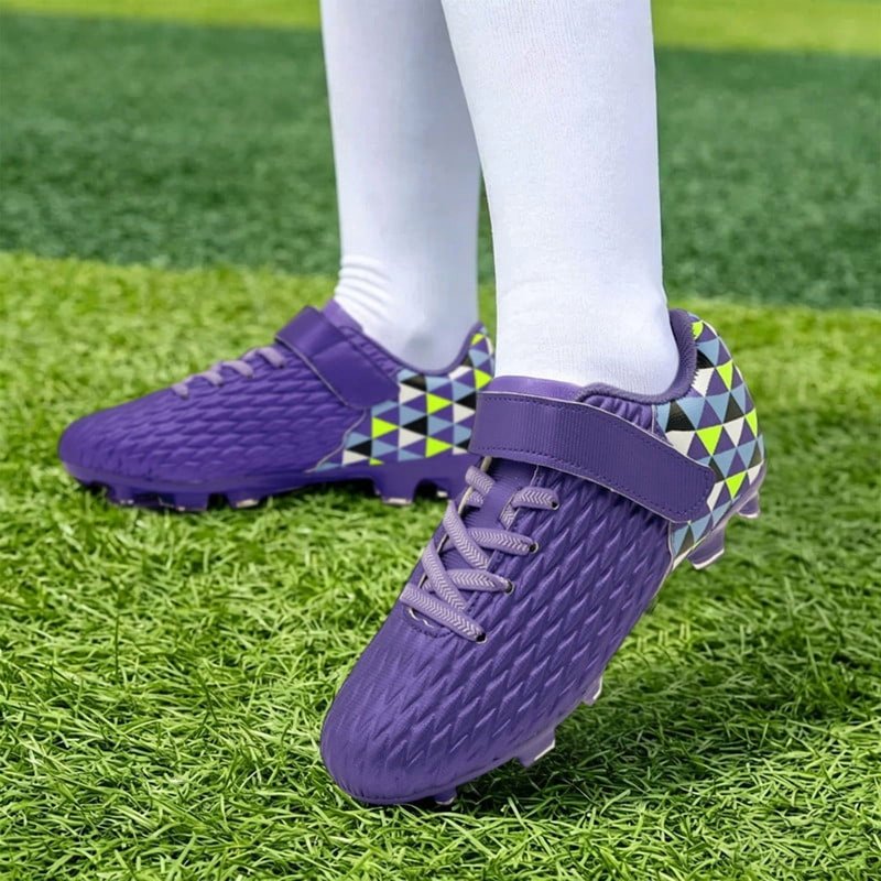 Kids Soccer Cleats - Purple Big Kid Training Football Shoes with Hook & Loop Strap