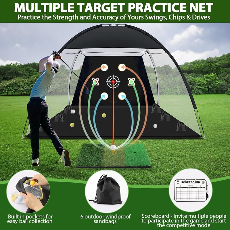 Golf Practice Net 10x7 Ft with Multi-Target Turf Mat Balls & Bag