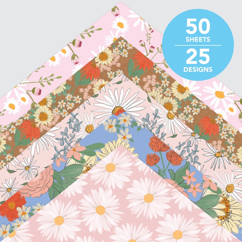 Sunny Florals Scrapbook Paper Pad 12x12 Inches 50 Sheets - Floral & Picnic Designs