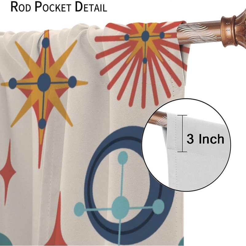 Retro 50s Geometric Star Pattern Curtains - Thermal Insulated Window Drapes, 2 Panel Sets