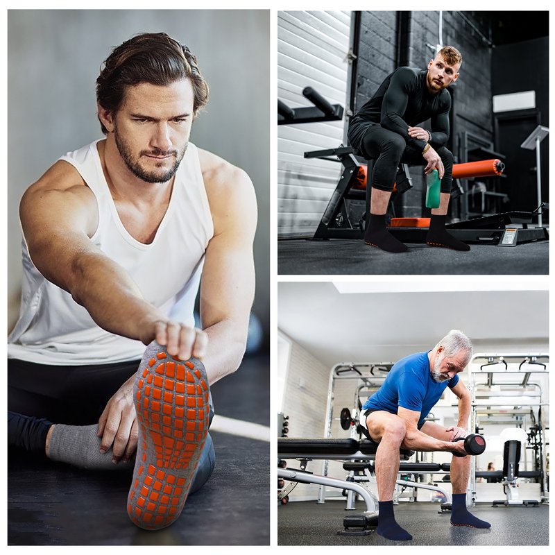 Men Non-Slip Grips Socks 3 Pairs - Anti-Skid Yoga Pilates Slipper Socks, 7-10/10-13/13-15, Black Gray Navy (02 Variation)