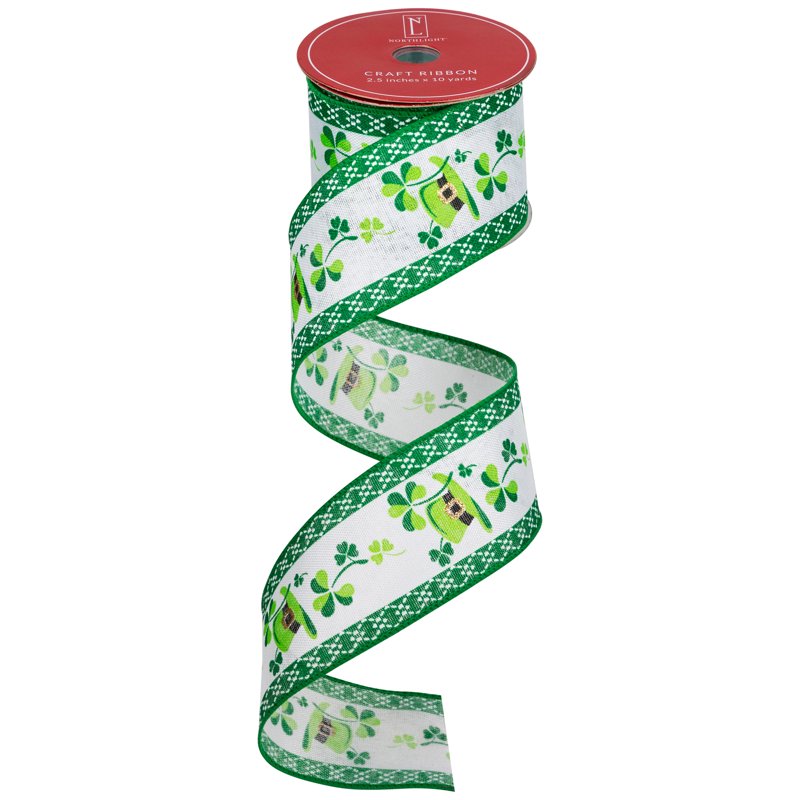St. Patrick's Day Wired Craft Ribbon - Green Shamrocks & Leprechaun Hats, 2.5" x 10 Yards