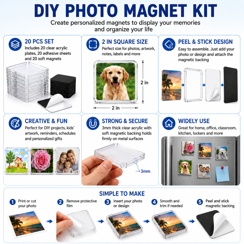 DIY Fridge Magnets Kit - Clear Acrylic Photo Magnet Making Set with Adhesive Backing