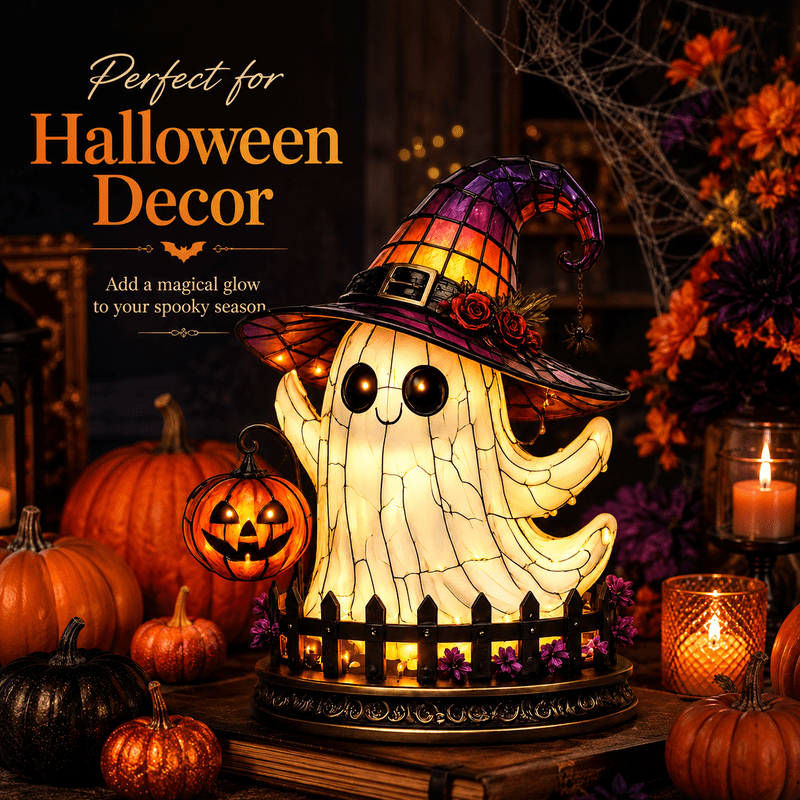 Halloween Ghost Night Light - 11.8 Inch Witch Hat Ghost Lamp with Jack O Lantern Indoor Decor