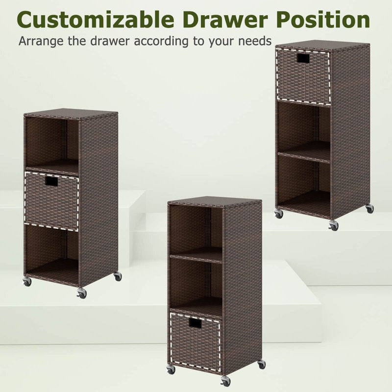 Outdoor Storage Cabinet with Shelves, Drawer & Wheels for Porch Garden