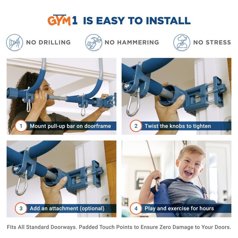 Gym 1 Deluxe Doorway Swing Set – Indoor Pull-Up Bar & Swing (Blue) – Variation: Blue Doorway Swing