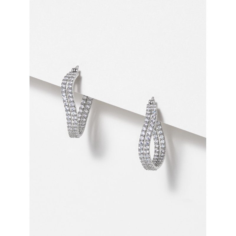 Sterling Silver Platinum Plated Wave Hoop Earrings with CZ Stones