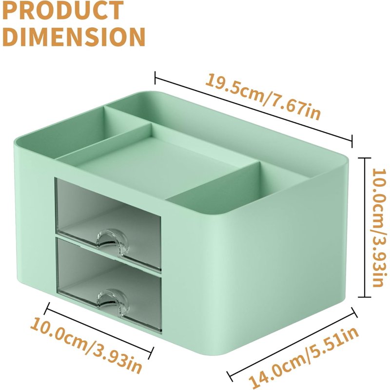Multi-Functional Pen Organizer with 2 Drawers and Compartments for Desk Storage - Green