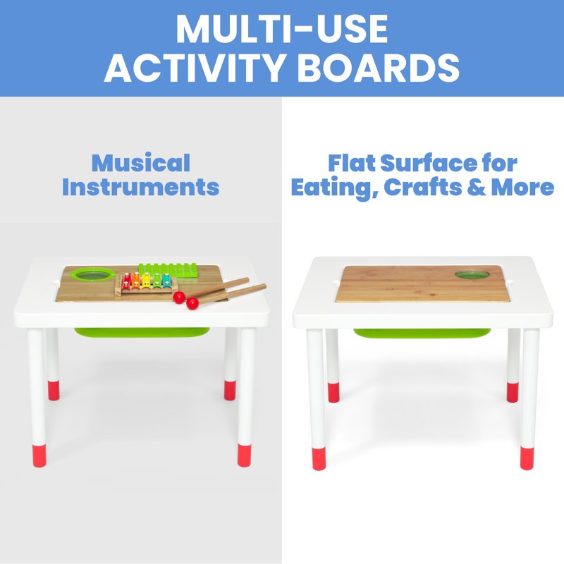 Kids Sensory Play Table with Musical Instruments and Storage Bin - White/Natural