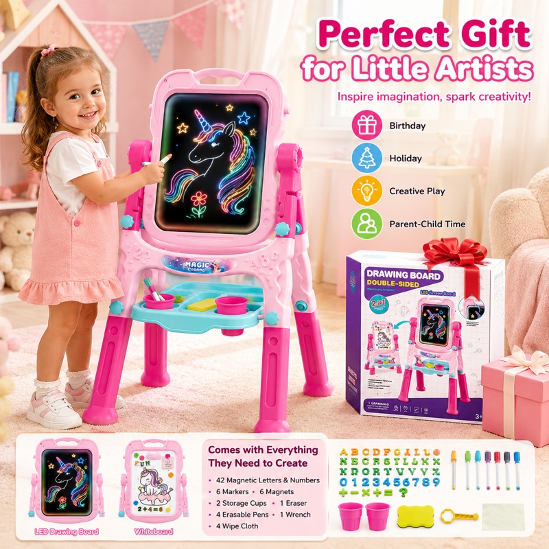 Kids Art Easel with Painting Accessories - Adjustable Double-Sided & Rotatable Pink