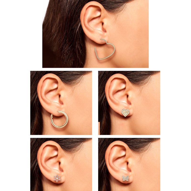 Women’s Heart and Butterfly Earrings Set - 5 Pairs Gold-Tone Jewelry Gift