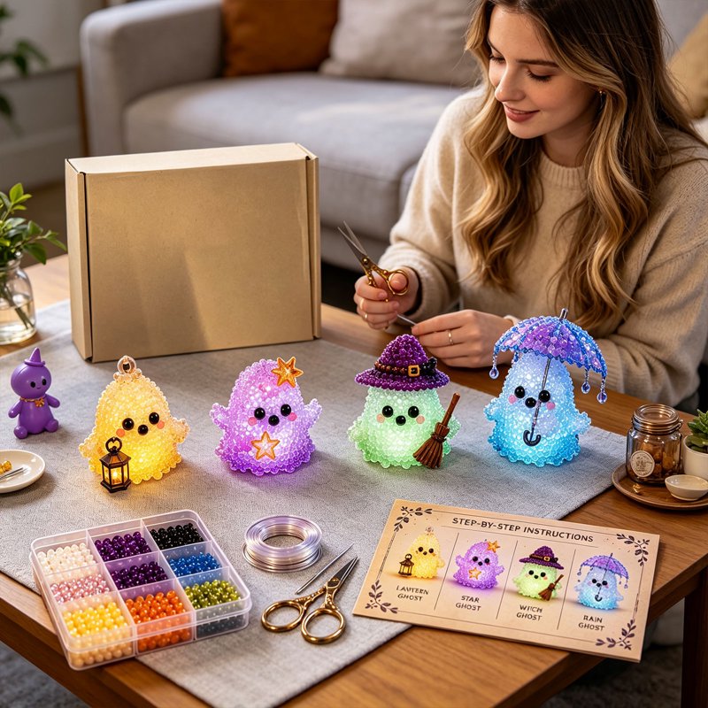 E-Glowing Ghost Dark DIY Bead Kit – Glowing Halloween Craft for Stress Relief (Moocorvic)