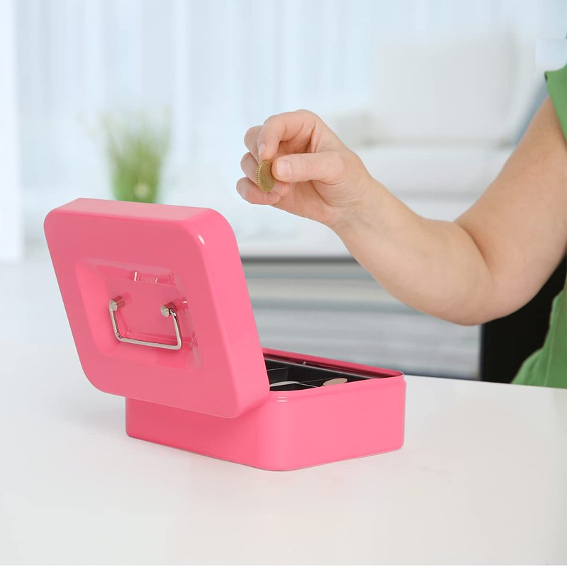 Mini Fireproof Waterproof Lock Safe with Key Lock and 6 Compartments - Pink