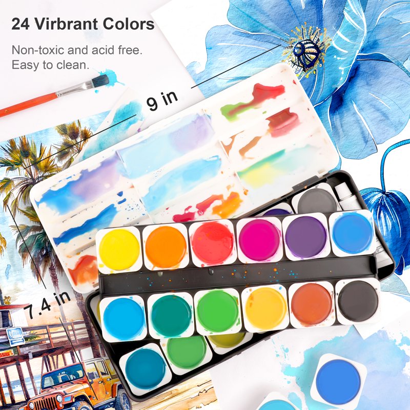 Kids Watercolor Paint Set - 24 Vibrant Cakes with Brush & Palette for Beginners & Artists