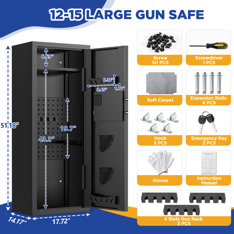 12-15 Gun Cabinet Safe with Quick Access & Removable Shelves