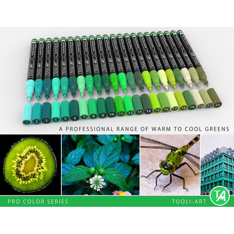Green Acrylic Paint Pens 22-Color Set 0.7mm Extra-Fine Tip - Pro Color Series, TOOLI-ART, Variation: Green
