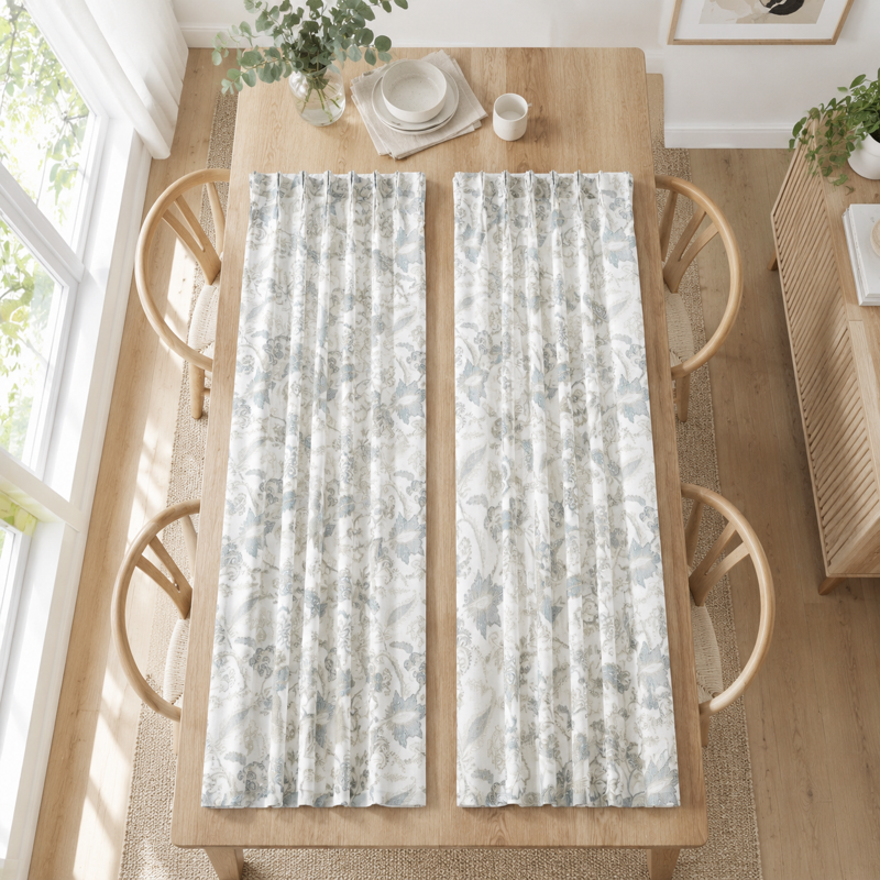 Light Filtering Jacobean Curtain Panels - Seaside Blue on Cream, Pack of 2, 84 Inch Length