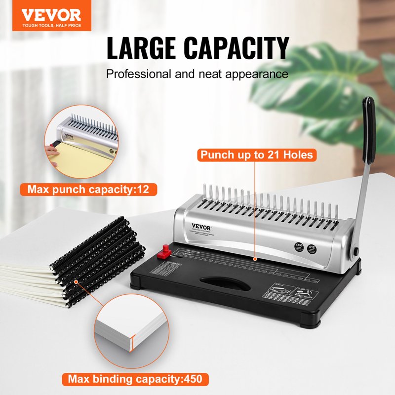 Manual Comb Binding Machine for 450 Sheets with 100 Spines - 21-Hole Office Binder